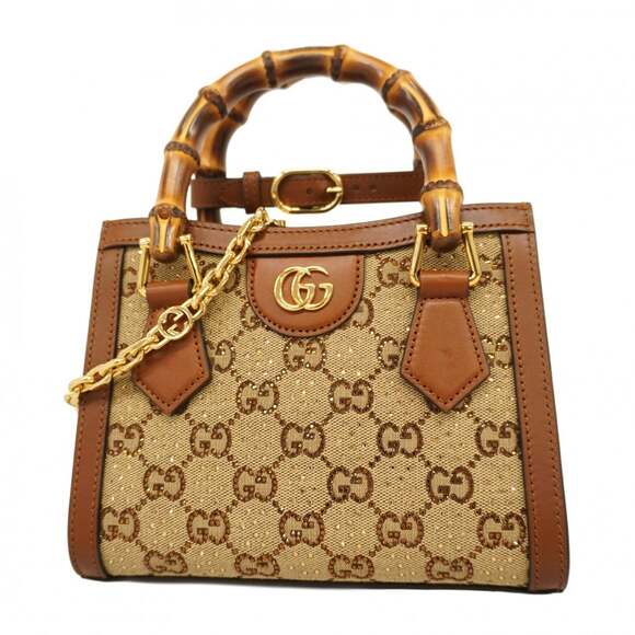 GUCCI Handbags - Gucci Bamboo Diana Crystal Handbag 707449 Canvas Leather Brown Beige 2-Way Ba...